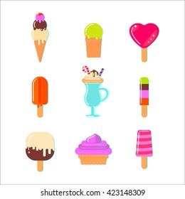 Homemade fruit ice set, popsicle. Flat style ice cream icons.  Bright fruit dessert. Ice cream collection.