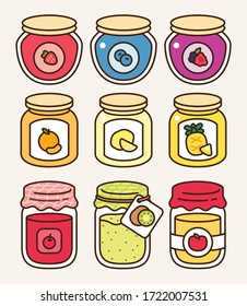 Homemade fruit jam collection with different glass jars: strawberry, blueberry, mix berries, orange, lemon, pineapple, cherry, kiwi, apple. Traditional fruit gel icon vector illustration flat design.