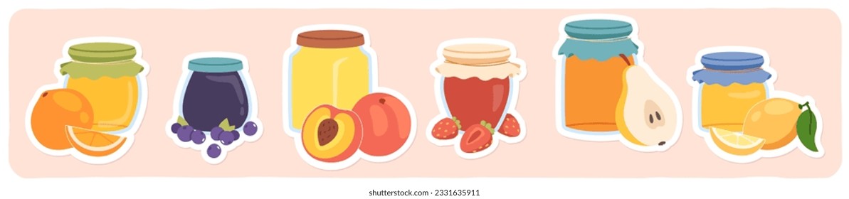 Homemade fruit jam in glass jars stickers set. Berries conserves and orange, strawberry, pear, peach, lemon ingredients. Sweet food, natural dessert preserves collection flat vector illustration