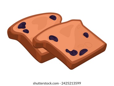 Homemade fruitcake. Toasts of baked plumcake, slices of biscuit cake, grain bread. Pastry snack, home bakery, flour goods. Tasty food for lunch. Flat isolated vector illustration on white background