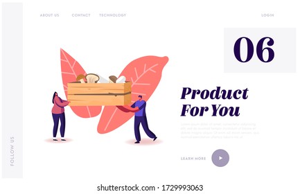 Homemade Fungiculture Growing Hobby, Harvesting Landing Page Template. Tiny Characters Carry Huge Wooden Box with Various Mushrooms Cep, King Oyster and Champignons. Cartoon People Vector Illustration