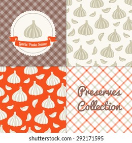 Homemade garlic pasta sauce collection. Paper label and seamless patterns with Gingham and Vegetables on color and light background. Perfect for wallpaper, wrapping paper, textile, package design