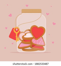 Homemade ginger cookies in the form of hearts in a glass jar. Sweet food as present for Valentine’s Day. Cute vector illustration in flat style