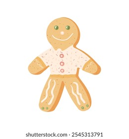 Homemade gingerbread man cookie isolated on white background. Festive baking. Christmas sweet dessert with frosting decor. Vector hand drawn flat illustration