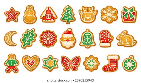 Homemade gingerbread shapes. Gingerbreads cookies, delicious christmas toy biscuits candy for xmas holiday new year food, ginger cookie sweet snowflake vector illustration of gingerbread biscuit