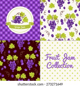 Homemade grape jam collection. Paper label and seamless patterns with Gingham, Polka Dot and Berries on color and light background. Perfect for wallpaper, wrapping paper, textile and package design