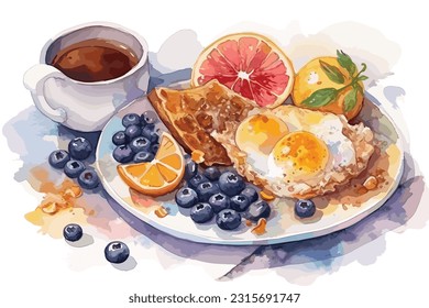 homemade healthy breakfast milk fried rice egg and fruit watercolor painting Abstract white background