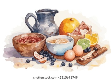 desayuno casero saludable leche huevo de arroz frito y pintura de acuarela de frutas Resumen fondo blanco