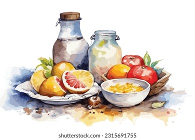 homemade healthy breakfast milk fried rice egg and fruit watercolor painting Abstract white background