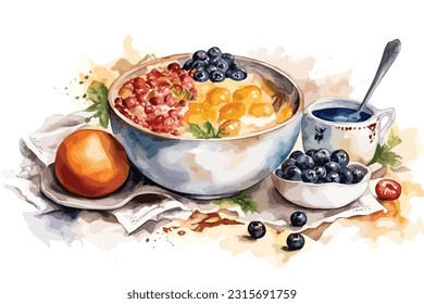 homemade healthy breakfast milk fried rice egg and fruit watercolor painting Abstract white background