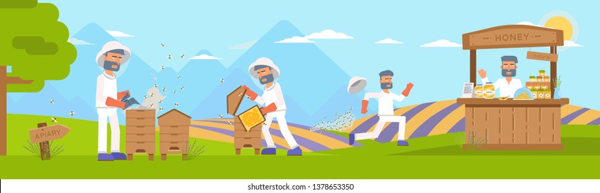 Homemade honey flat illustration. Apiarist, vendor producing and selling organic product cartoon character. Counter with natural honey, beeswax jars illustration. Beekeeping website, web banner design