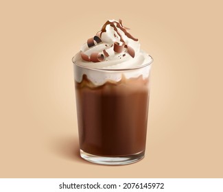 Homemade hot chocolate with cream and topping. 3d drink element isolated on beige background