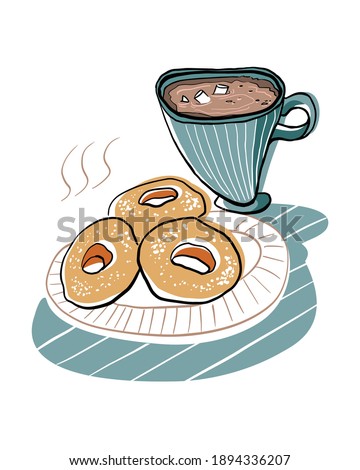 Homemade hot russian donuts with cup of tea or cup of coffee. Sweet breakfast at home. Hand drawn doodle illustration.