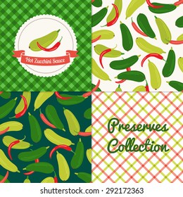 Homemade hot zucchini sauce collection. Paper label and seamless patterns with Gingham and Vegetables on color and light background. Perfect for wallpaper, wrapping paper, textile, package design