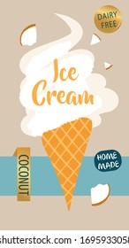 Homemade ICE CREAM. Freehand drawn template poster, banner with soft color. Design flyer for menu cafe, shop, market. Sketch style. Vegan dairy free milk ice cream. Sweet cold frozen dessert. 