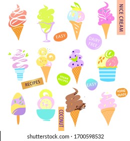 Homemade ICE CREAM. Fruit sweet cold frozen dessert. Set sketch vintage style design element.