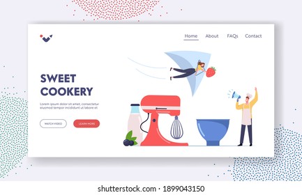 Homemade Ice Cream Landing Page Template. Tiny Male Character in Toque Yell to Megaphone Call to Try Ice Cream of Fruits, Berries and Yoghurt. Woman with Strawberry. Cartoon People Vector Illustration