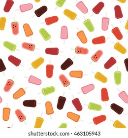 Homemade Ice Cream. Seamless pattern. Colorful fruit background. Lemon, orange, melon and peach lollipops. Delicious summer dessert. Natural healthy food.