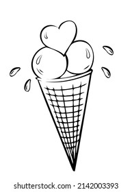 Homemade ice cream in waffle cone. Fruity ice cream. Hand drawn sketch. Vetor, Illustration.