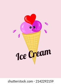 Homemade ice cream in waffle cone. Cute fruity kawaii ice cream. Hand drawn sketch. Vetor, Illustration.