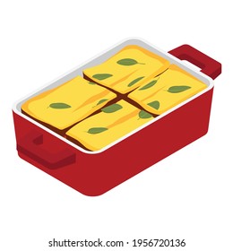 Homemade Italian lasagna served with basil. Four portions. Isolated on white background, isometric view. Vector