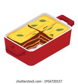 Homemade Italian lasagna served with basil. Three portions. Isolated on white background, isometric view. Vector