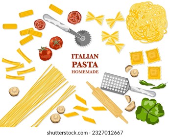 Ingredientes de pasta caseros italianos Spaghetti, ravioli y fondo vegetal, plantilla de diseño de comida. ilustración vectorial de fondo blanco.