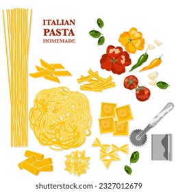 Ingredientes de pasta caseros italianos Spaghetti, ravioli y fondo vegetal, plantilla de diseño de comida. ilustración vectorial de fondo blanco.