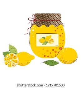 Homemade Jam from Fresh Lemons Berries. Jar of Lemon Jam. Flat style Vector Illustration isolated on white Background.