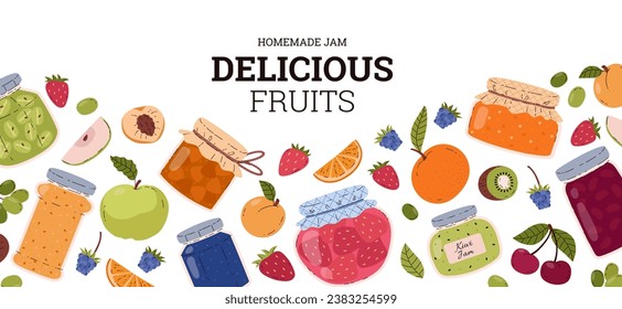 Homemade jam, garden fruits and berries on horizontal banner, vector illustrations on white. Sweet vitamin food, natural dessert and confiture in glass can. Design template in flat cartoon style.