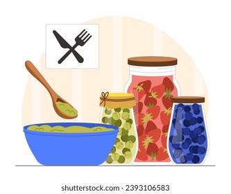 Hausgemachte Marmelade in Glas-Konzept. Früchte und Gemüse gepickt. Essen und essen. Erdbeere und Heidelbeere mit Saft. Cartoon-FlachVektorgrafik einzeln auf weißem Hintergrund.