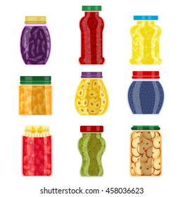 Homemade jam jars of different shape with seasonal fruit and colored lids isolated vector illustration 