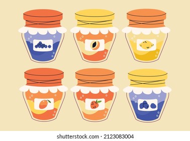 Mermelada casera, colección de elementos sencillos de gelatina. Confitura de fruta aislada en conjunto. Las jarras de baya conservadas en diseño plano.