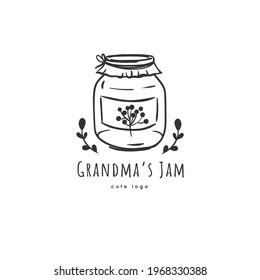 Homemade Jam Logo Template. Cute Logo With Glass Jar Of Berry Jam, Rustic Style. 