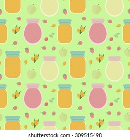Homemade jam. Seamless pattern with fruits and berries, and jars of jam. Vector background for design