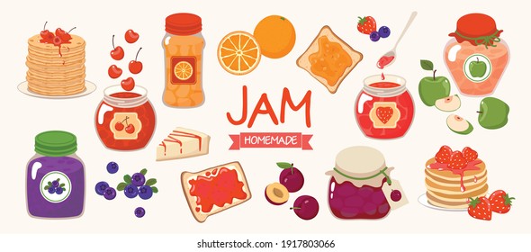 Homemade jam set: berries, fruits, glass jars, pancakes. Vector, isolated, light background.