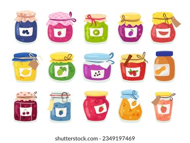 Homemade jams in glass jars. Gourmet sweet meals from berries, fruit preserves and peanut butter. Tasty jam isolated vector collection of jam jar sweet