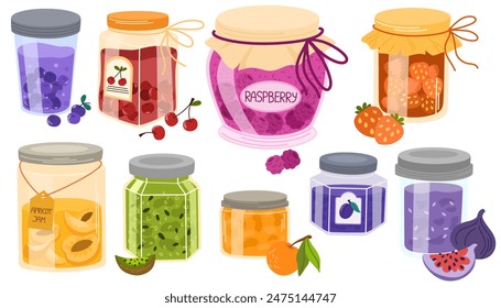 Homemade jams set. Fruit and berry jelly, marmalade, confiture in glass jars. Home-made preserves with cherry, strawberry, apricot flavors. Flat vector illustrations isolated on white background