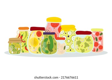 Homemade jar for canning vegetables. Glass jars with pickled vegetables. Winter deliveries. Autumn harvest season.
