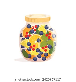 Homemade jar of the fruit. Berry and fruits compote. Blueberry, orange, lemon and berries. Glass jar with fruits. Summer harvest season. Vector illustration in cartoon style. 