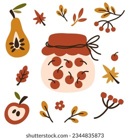 Frasco casero de conservas de frutas y bayas. Frasco de vidrio con mermelada de bayas conservadas. Berry compote o mermelada, mermelada. Temporada de cosecha del otoño. Ilustración vectorial