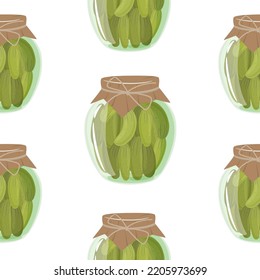Homemade jar for preserving vegetables seamless pattern. Glass jars with canned Cucumbers. Canned natural healthy products vector illustration.