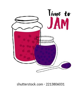 Homemade jars of jam illustration with text Time to Jam isolated on white background