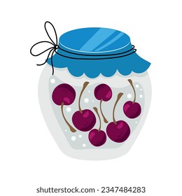Homemade jars of preserving the cherry. Jam. Autumn harvest season. Vector illustration