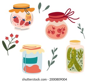 Homemade jars of preserving the fruit and vegetables. Set of glass jars with preserved vegetables, stewed fruits and berry jams. Berry compote or marmalade, jam. Autumn harvest season. Vector
