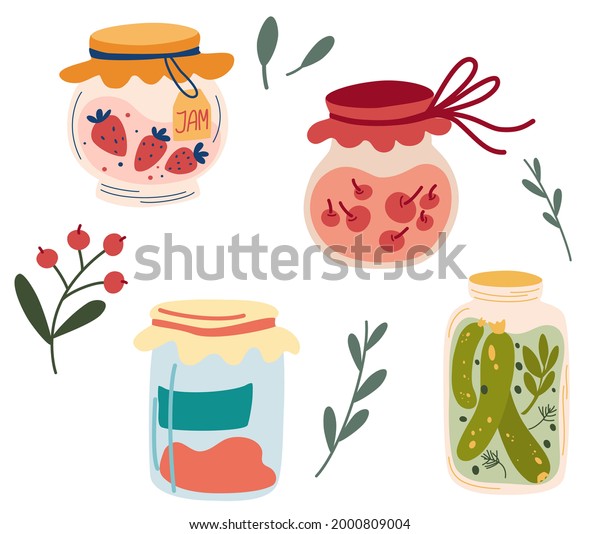 Homemade\
jars of preserving the fruit and vegetables. Set of glass jars with\
preserved vegetables, stewed fruits and berry jams. Berry compote\
or marmalade, jam. Autumn harvest season.\
Vector
