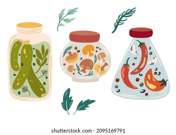 Homemade jars of preserving vegetables. Set of glass jars with preserved vegetables, Pickles, cucumbers, mushrooms and peppers. Fermented veggies. Organic product. Vector illustration