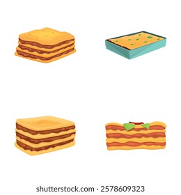 Homemade lasagna icons set cartoon vector. Tasty meat dish. Italian cuisine