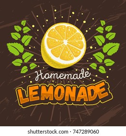 Homemade Lemonade Design With Sliced Lemon And Mint Wreath Illustration. Vector Graphic.