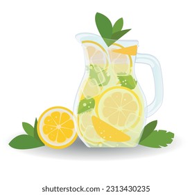 

Homemade lemonade in a glass jug with mint leaves, orange slices and ice cubes on a white background.